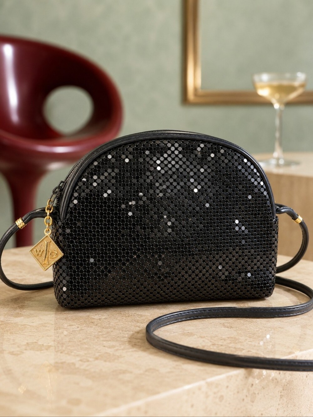 Vintage 1980s Whiting & Davis Black Metal Mesh Crossbody Evening Bag